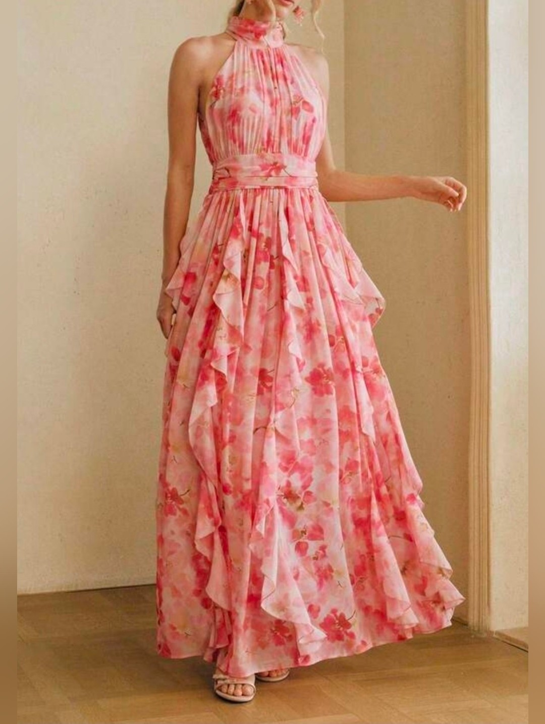 New Flowy Chiffon Floral Ruffle Halter Maxi Dress Pink Coral Orange